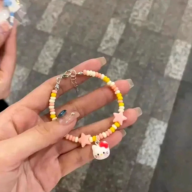 Cute Anime Cat Head Charm Beaded Bracelet - Product Image