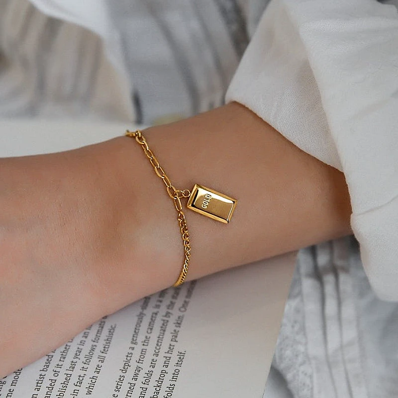 Gold-Tone Gold Bar Ingot Charm Asymmetric Chain  - Product Image