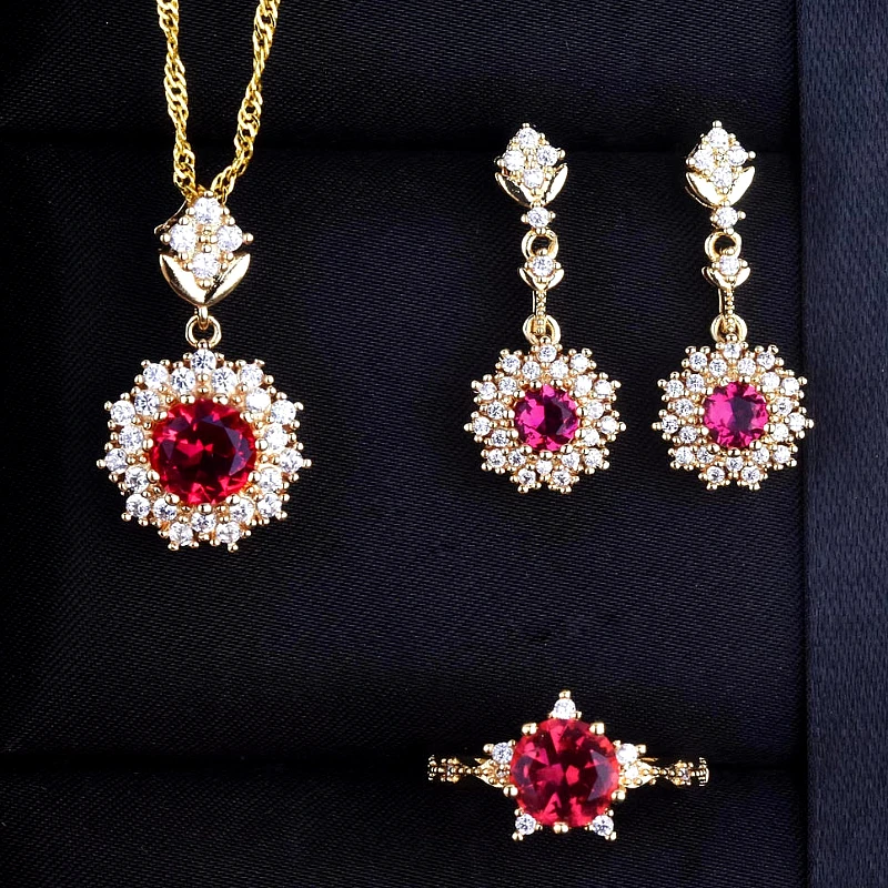 Gold-Tone Ruby Red Crystal Floral Halo Jewelry Set
