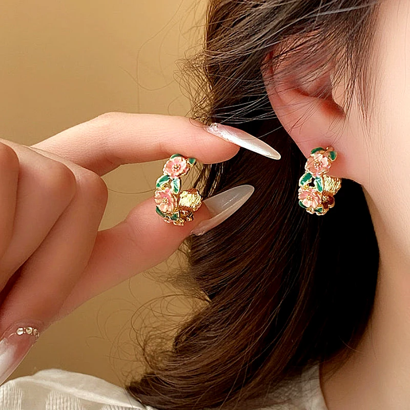 Pink Flower Hoop Earrings - Product Image