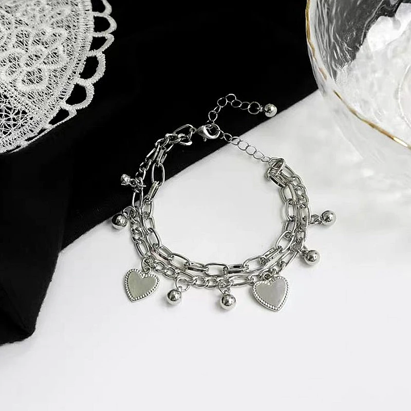 Silver-Tone Double-Layer Heart Charm Chain Bracele - Product Image