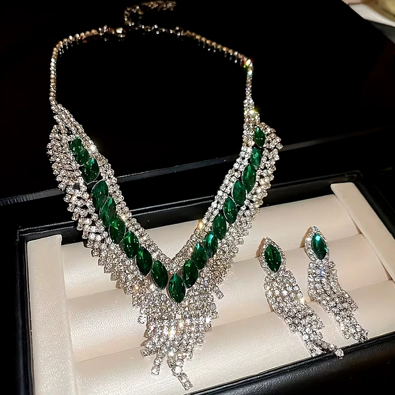 Silver-Tone Green Marquise Crystal V-Shap set