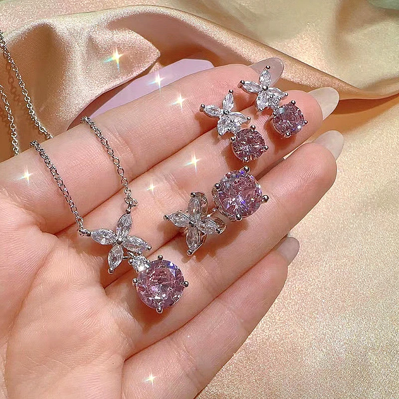 Silver-Tone Pink Round Crystal Jewelry Set