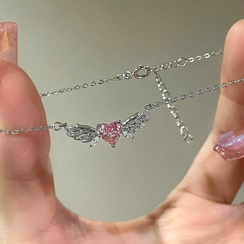 Silver-Tone Sparkling Pink Heart with Angel Wings - Product Image