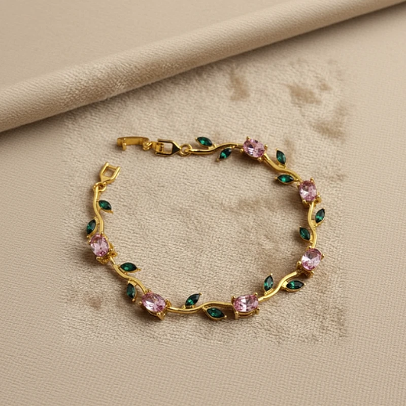 Viral Tulip Pink & Green Diamond Gold Bracelet  - Product Image